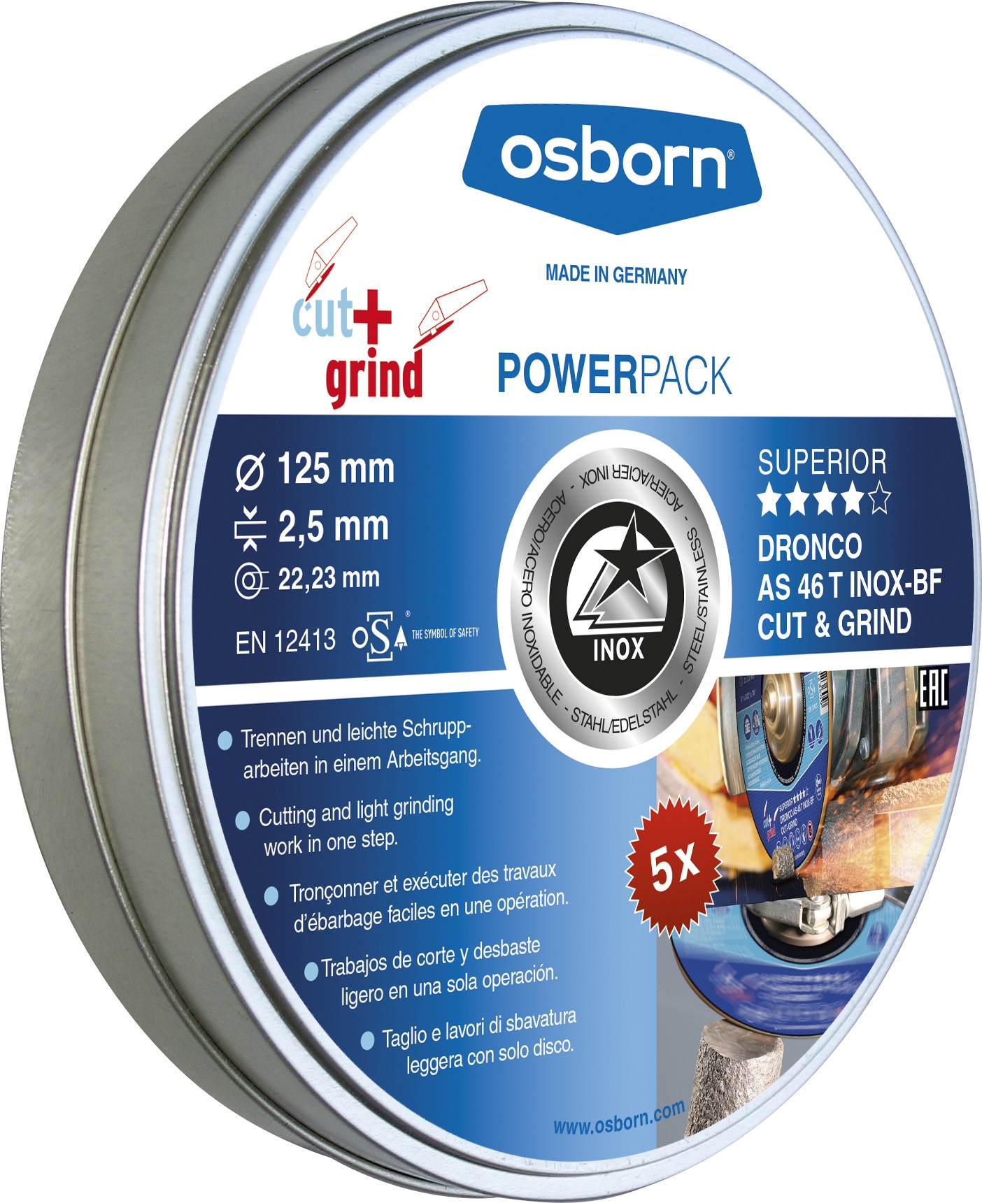 Lata de 5 discos de corte metal 125 x 2.5 mm AS 46 T INOX CUT+GRIND Special