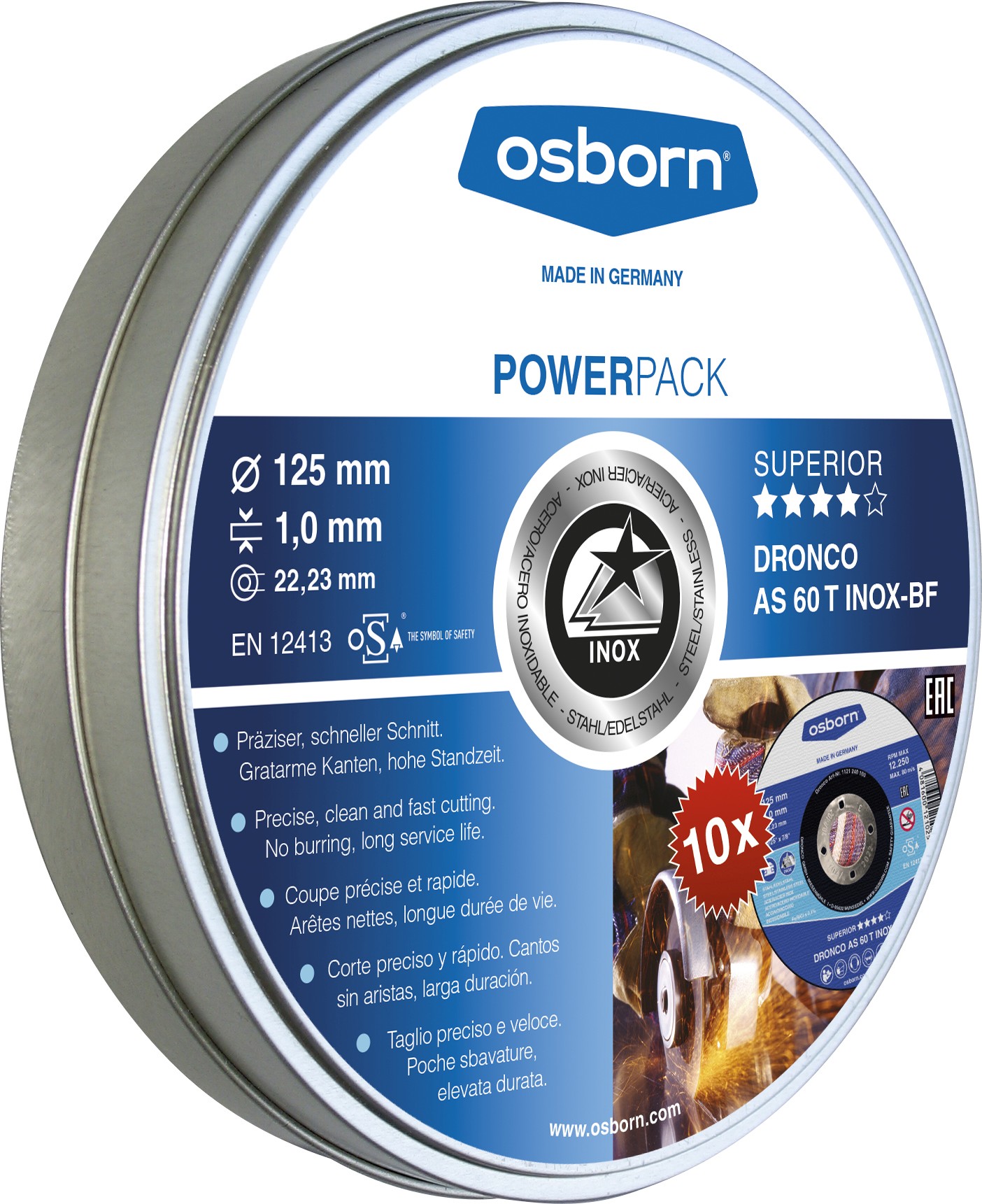 Lata de 10 Discos de corte metal para INOX de 125x1,0 mm