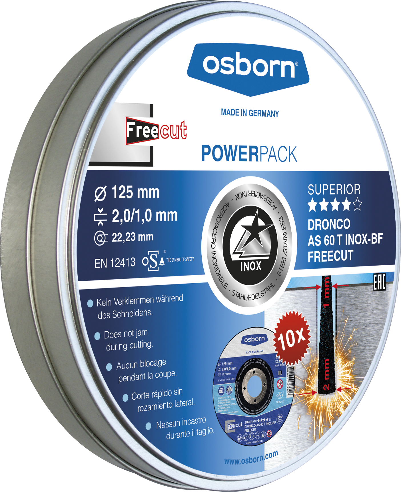 Lata de 10 discos de corte metal 125 x 2/1 mm AS 60 T INOX FreeCut Special