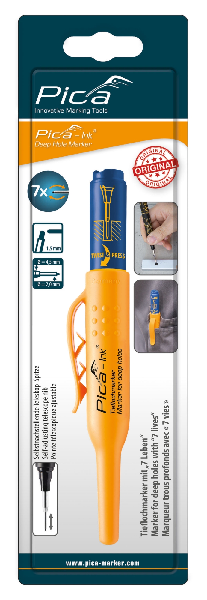 Marcador permanente de tinta para agujeros profundos Ink (Azul) en blister