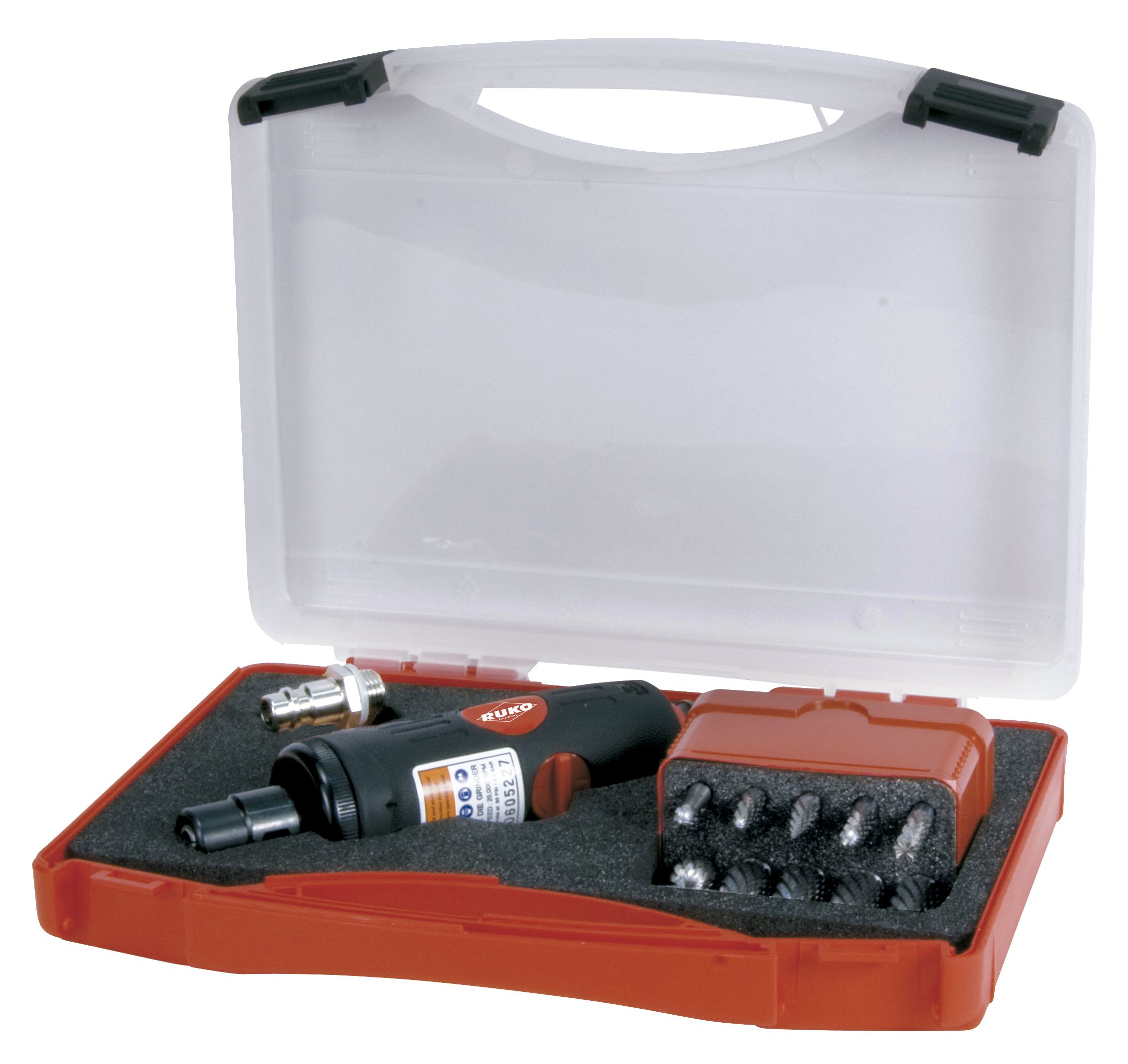 Kit amoladora neumática y juego 10 fresas metal duro con vástago de 6 mm