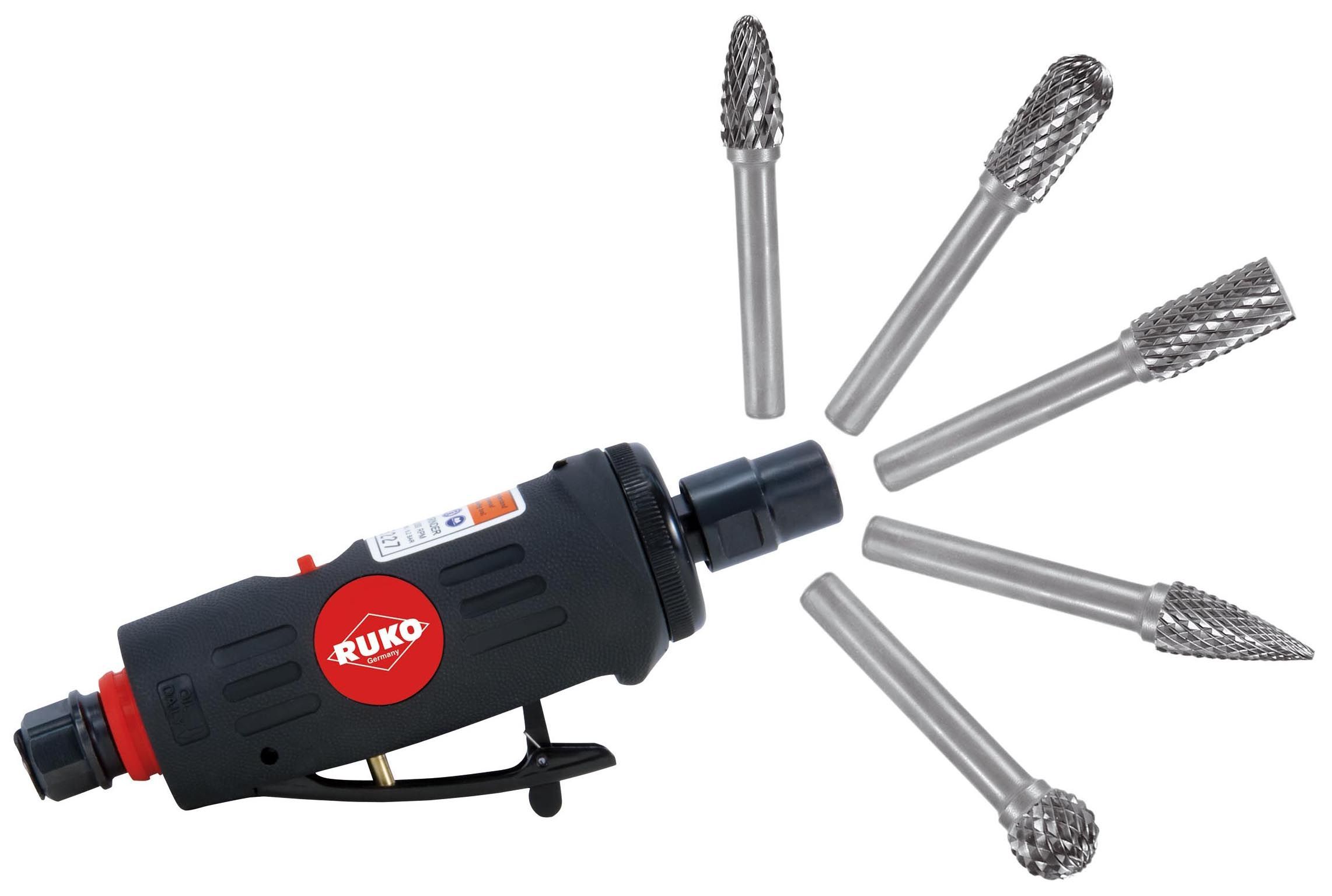 Kit amoladora neumática y juego 10 fresas metal duro con vástago de 6 mm