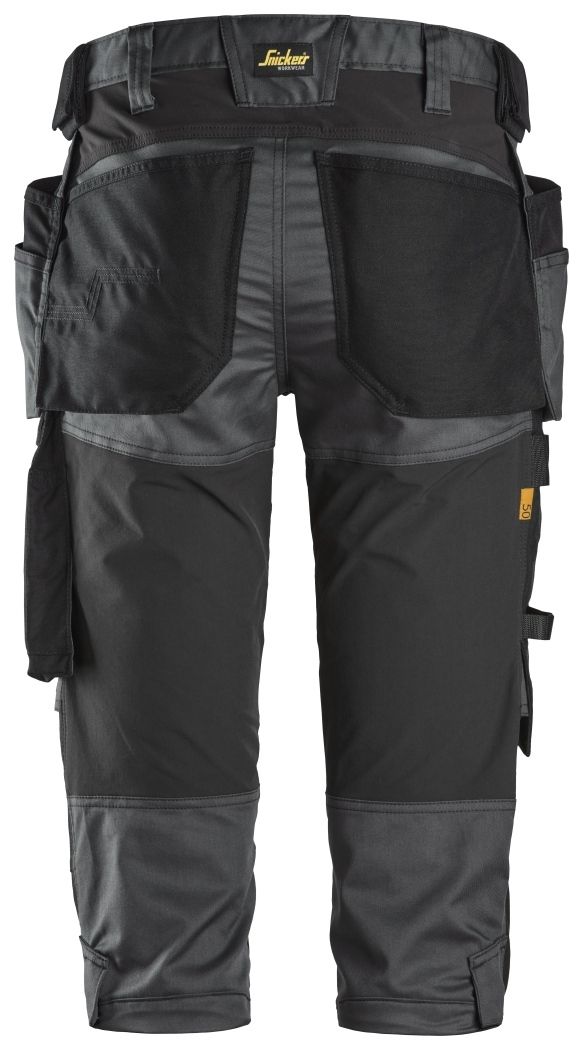 Snickers Workwear Pantalones pirata de trabajo elásticos bolsillos flotantes AllroundWork 6142 Acero/Negro