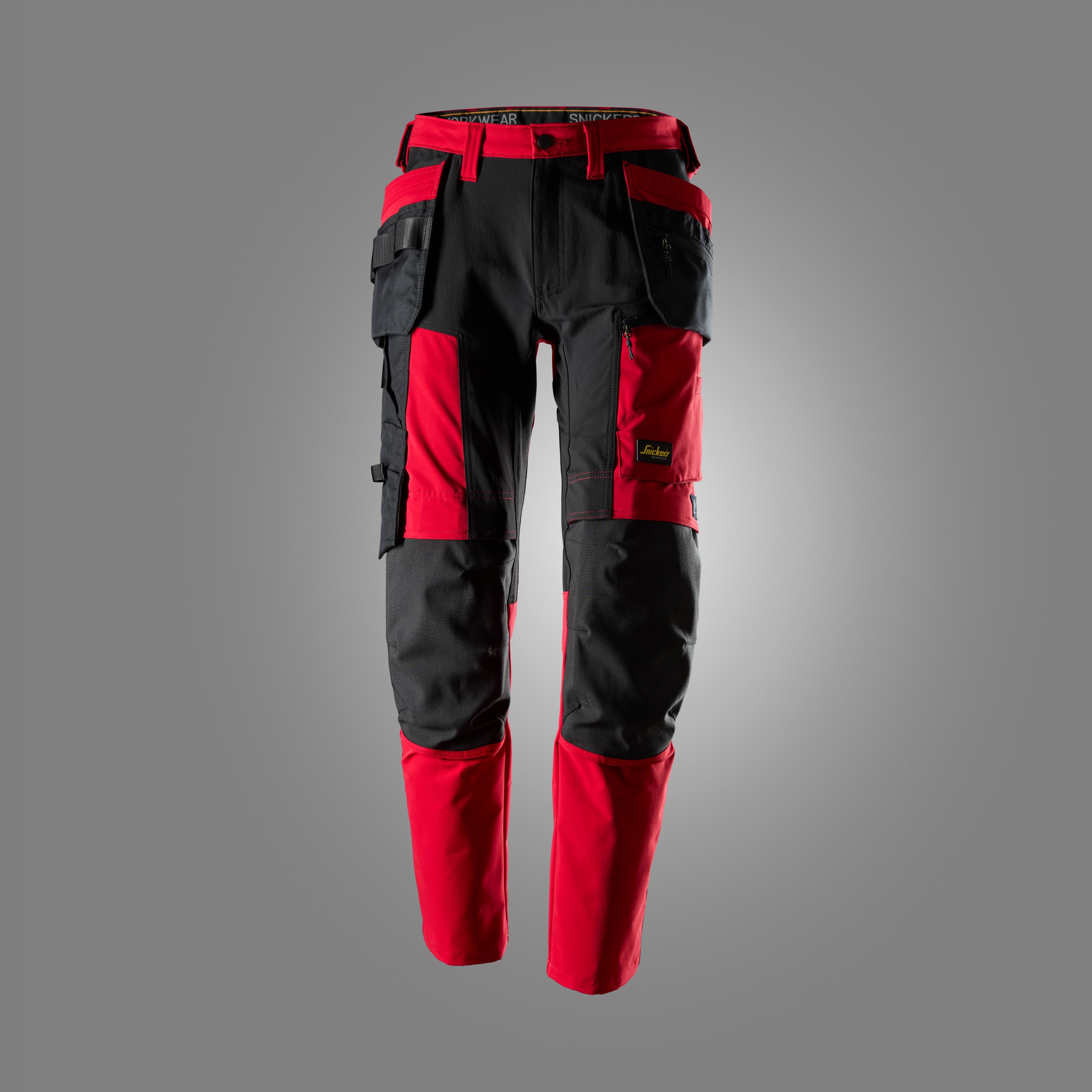 6218 Pantalones largos de trabajo elásticos AllroundWork Stretch con bolsillos flotantes color rojo chile / negro