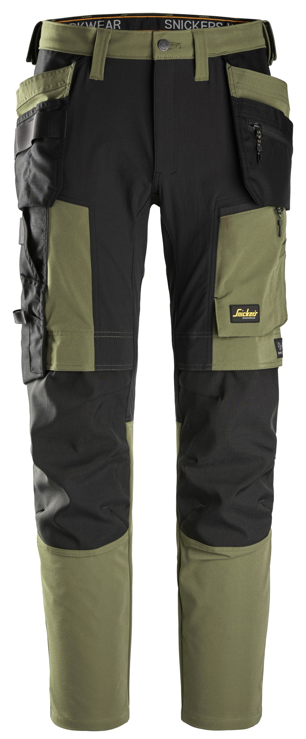 6218 Pantalones largos de trabajo elásticos AllroundWork Stretch con bolsillos flotantes color verde caqui / negro