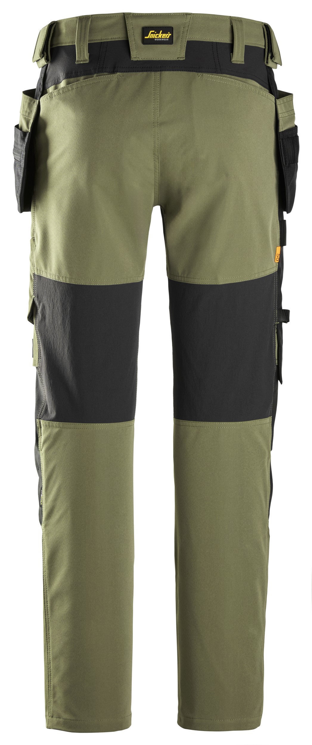 6218 Pantalones largos de trabajo elásticos AllroundWork Stretch con bolsillos flotantes color verde caqui / negro