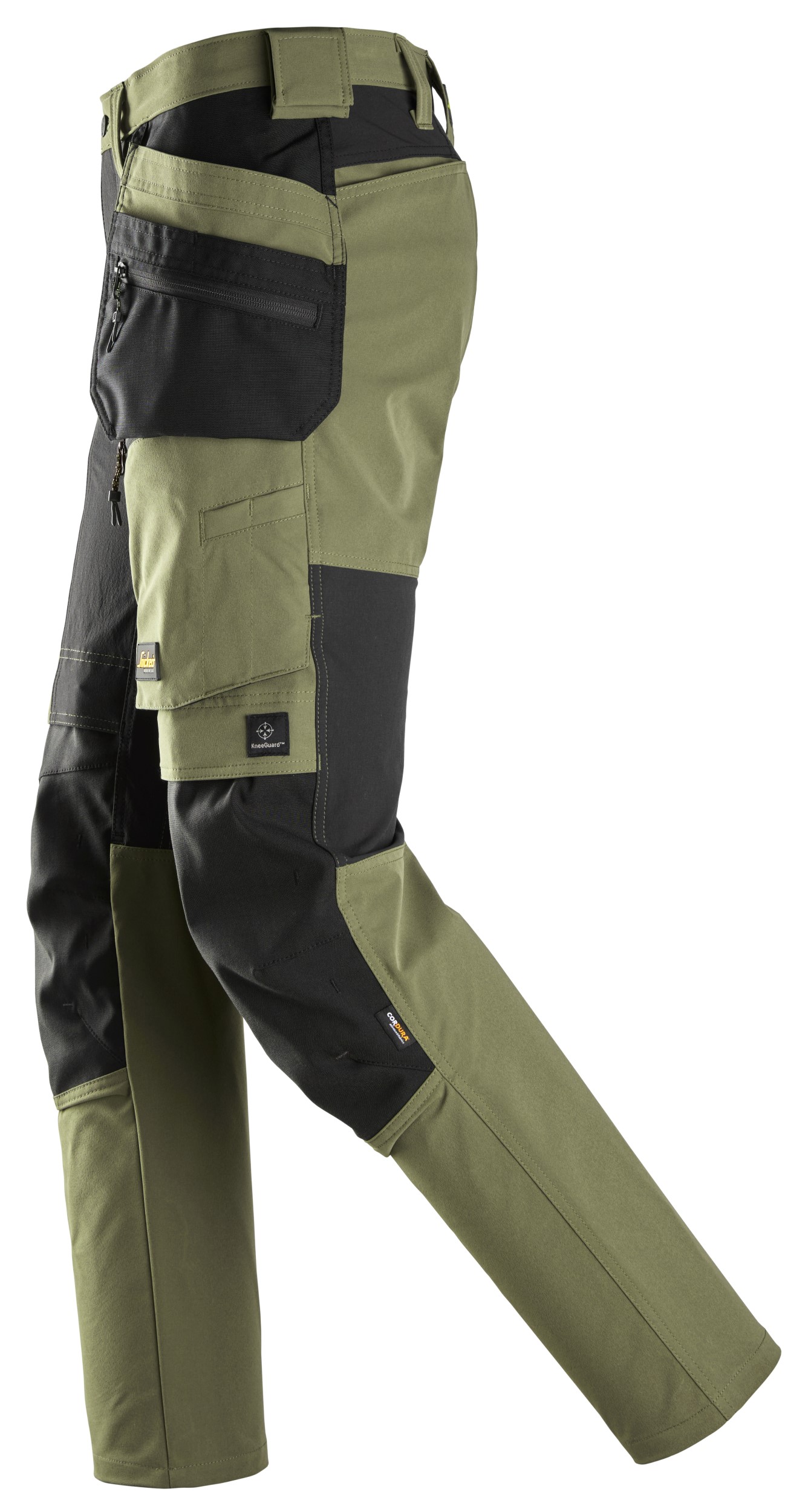 6218 Pantalones largos de trabajo elásticos AllroundWork Stretch con bolsillos flotantes color verde caqui / negro