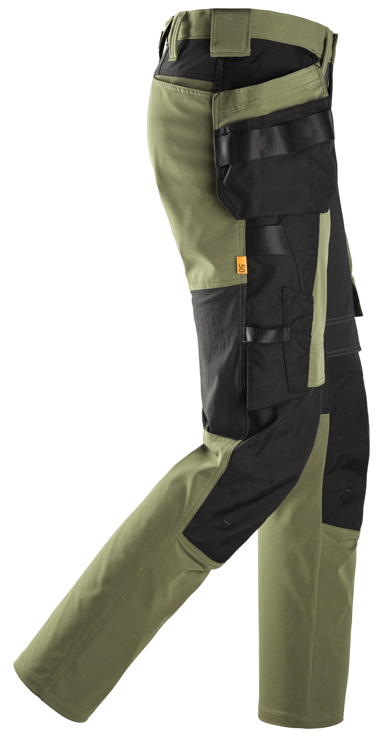 6218 Pantalones largos de trabajo elásticos AllroundWork Stretch con bolsillos flotantes color verde caqui / negro