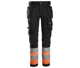 6234 Pantalones largos de trabajo elásticos de alta visibilidad clase 1 con bolsillos flotantes negro-naranja