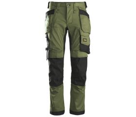 6241 Pantalones largos de trabajo elásticos AllroundWork Slim Fit con bolsillos flotantes color verde khaki/ negro