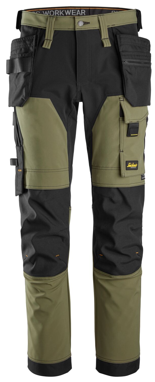 6275 Pantalones largos de trabajo elásticos AllroundWork 4-way Stretch softshell con bolsillos flotantes color verde caqui / negro