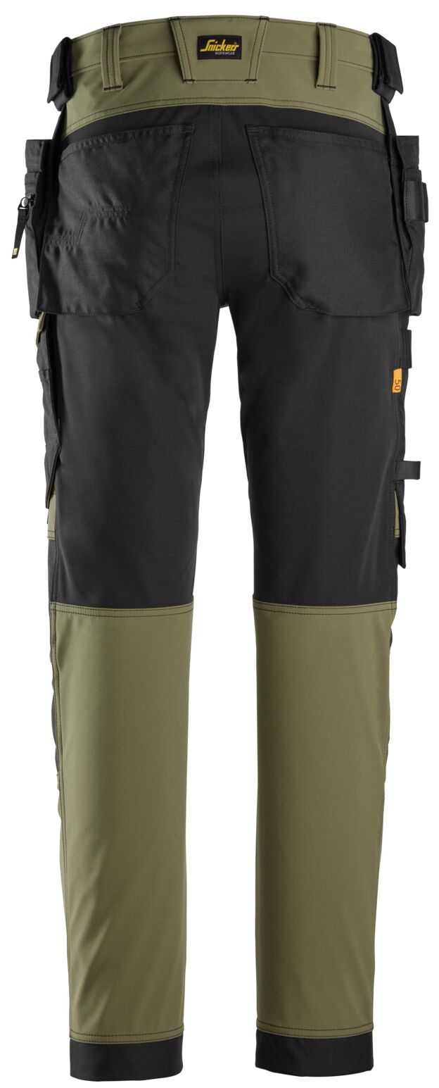 6275 Pantalones largos de trabajo elásticos AllroundWork 4-way Stretch softshell con bolsillos flotantes color verde caqui / negro