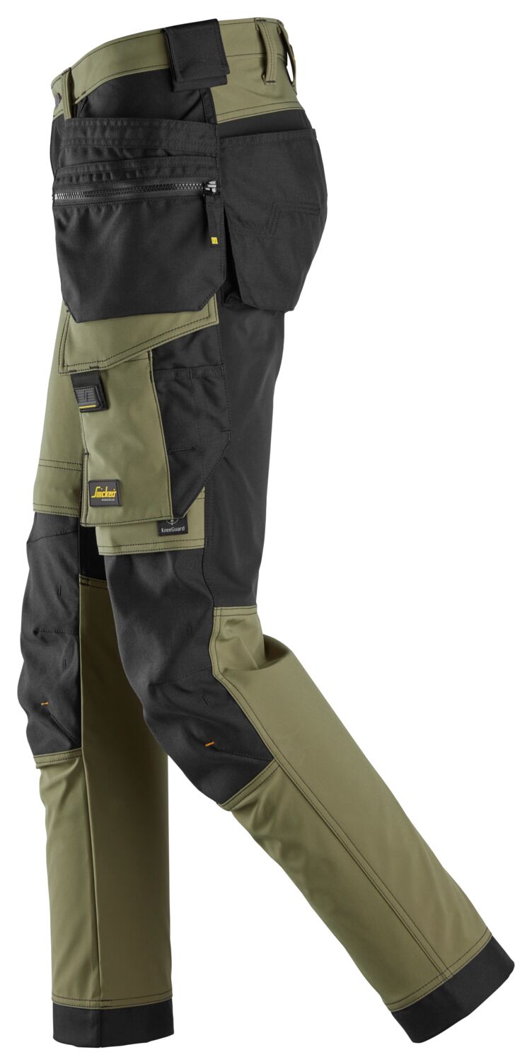 6275 Pantalones largos de trabajo elásticos AllroundWork 4-way Stretch softshell con bolsillos flotantes color verde caqui / negro