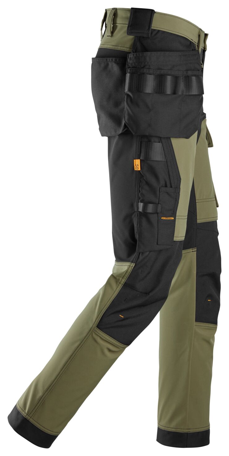 6275 Pantalones largos de trabajo elásticos AllroundWork 4-way Stretch softshell con bolsillos flotantes color verde caqui / negro