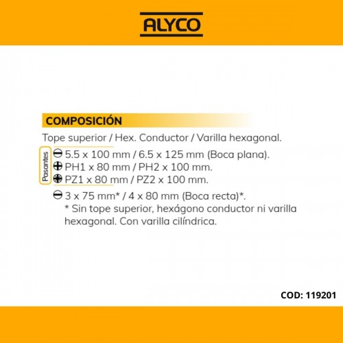 Juego De 6 Destornilladores pasantes Con Diferentes Bocas Y Mango Bimaterial ALYCO 