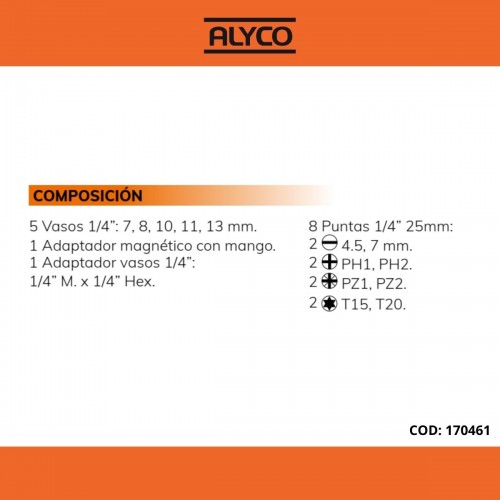 Juego 21 Piezas De Puntas, Vasos Y Adaptador Magnético Con Mango En Soporte Plástico ALYCO ORANGE