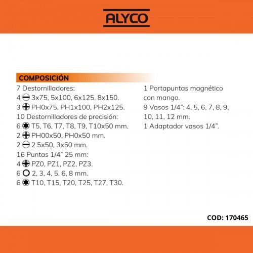 Juego Combinado De Destornilladores, Vasos Y Puntas  44 Piezas En Estuche Plástico ALYCO ORANGE