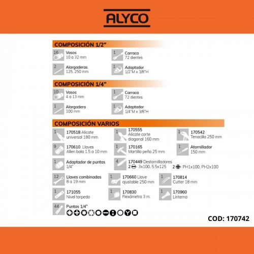 Juego De Llaves De Vasos, Alicates, Llaves De Apriete Y Otras Herramientas En Estuche De Plástico ALYCO ORANGE