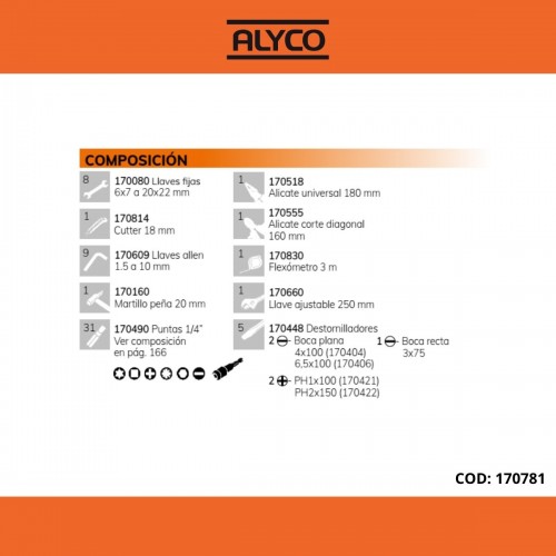 Caja Metálica Con Bandeja Interior Y 59 Herramientas ALYCO ORANGE