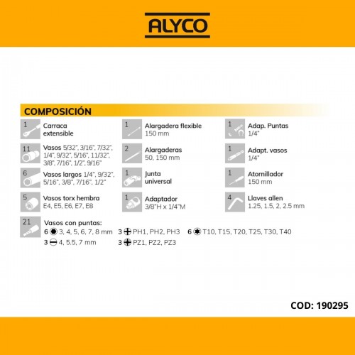 Juego de 56 piezas con llaves de vaso de 1/4'', carraca extensible de 72 dientes y diferentes accesorios Alyco