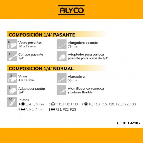 Juego de 47 piezas con llaves de vaso pasantes y normales de 1/4'', carraca pasante de 72 dientes y diferentes accesorios Alyco