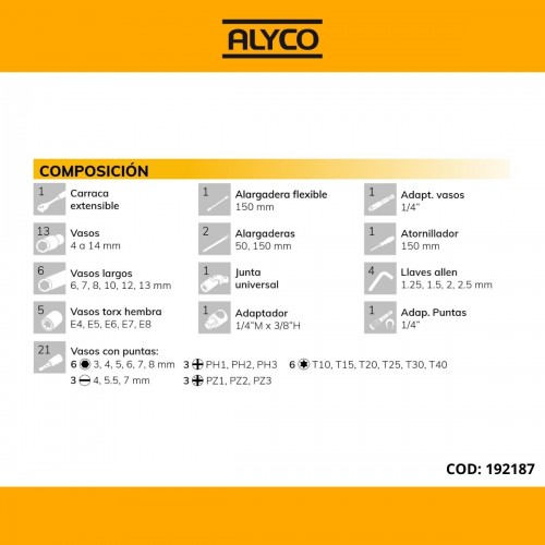 Juego de llaves de vaso de 1/4'', carraca extensible de 72 dientes y diferentes accesorios Alyco