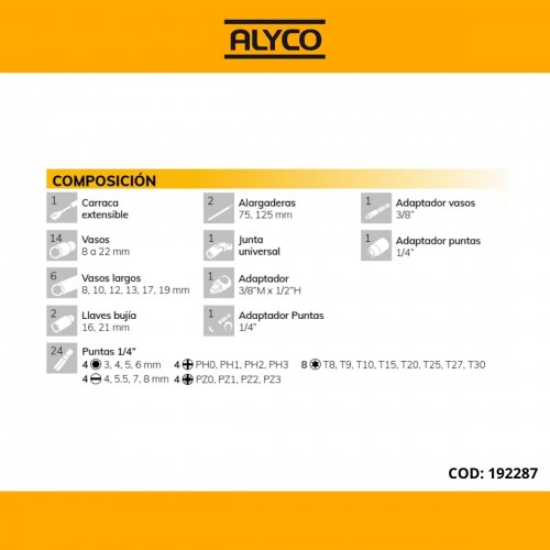 Juego de 54 piezas con llaves de vaso de 3/8'', carraca extensible de 72 dientes y diferentes accesorios Alyco