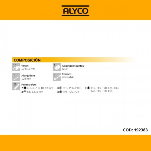 Juego de 38 piezas con llaves de vaso de 1/2'', carraca extensible de 72 dientes y diferentes accesorios Alyco