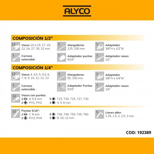 JUEGO LLAVES VASO ALYCO 46 PZAS 1/2-1/4 2246