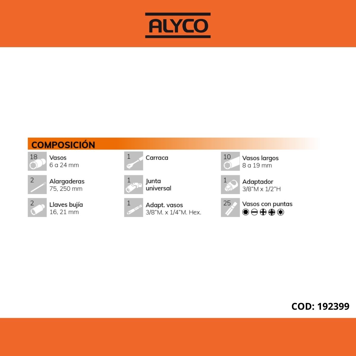 Alyco Orange Juego De Llaves De Vaso Y Accesorios De 3/8 De 61