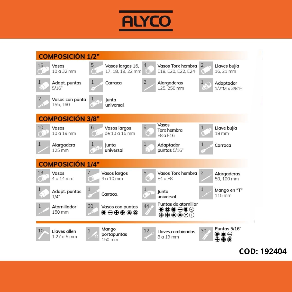 Alyco Orange Juego De Llaves De Vaso Y Accesorios De 3/8 De 61