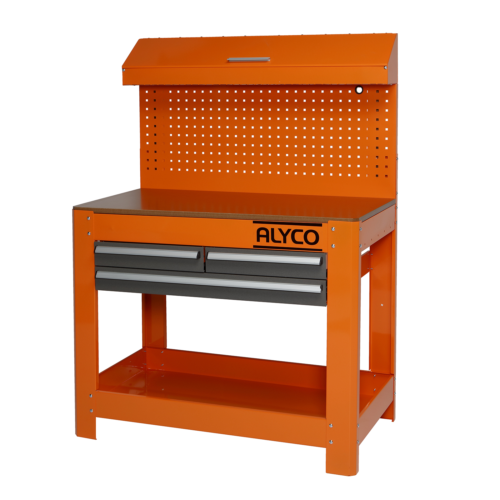 Mesa De Trabajo Metálica Con 3 Cajones, Panel Y Almacén Superior ALYCO  ORANGE, Productos