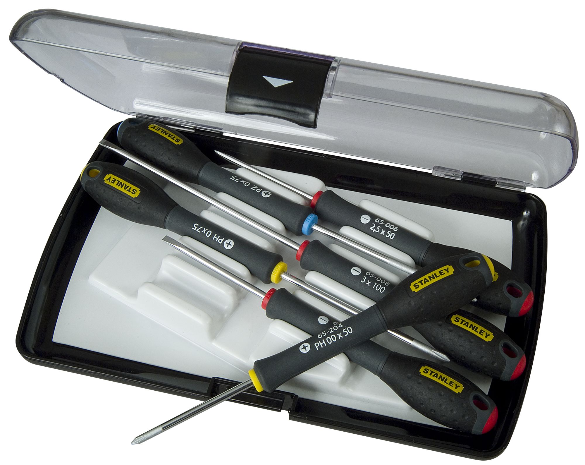 Juego de 6 destornilladores de precisión FATMAX®: 3 x Electricista: 2,5 X 50mm, 3 X 50mm & 3 X 100mm. 2 x Phillips®: PH00 X 50 & PHO X 75. 1 x Pozidriv®:PZ0 X 75.