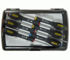 Juego de 6 destornilladores de precisión FATMAX®: 3 x Electricista: 2,5 X 50mm, 3 X 50mm & 3 X 100mm. 2 x Phillips®: PH00 X 50 & PHO X 75. 1 x Pozidriv®:PZ0 X 75.
