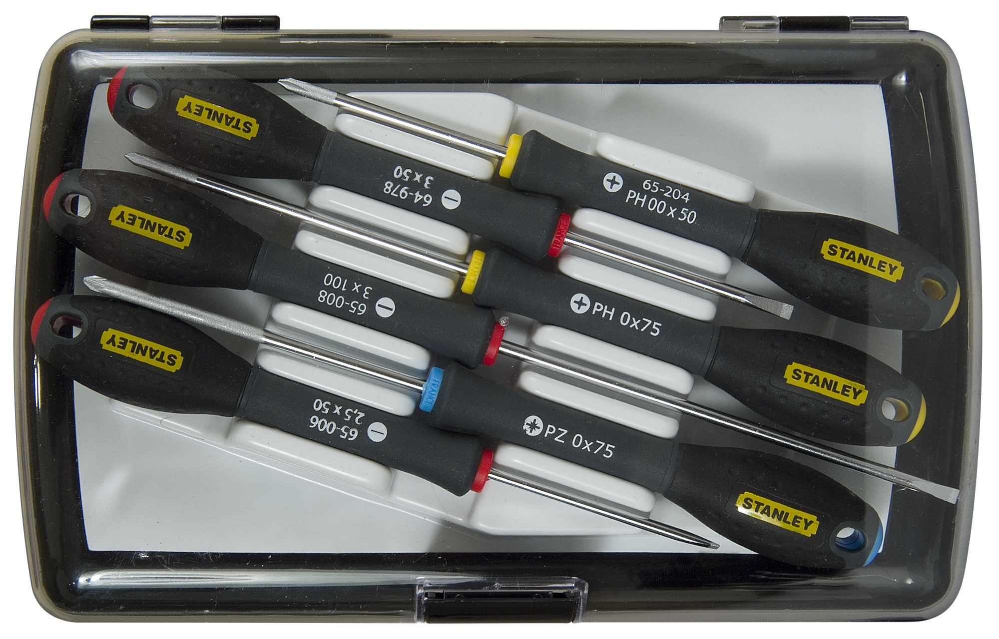 Juego de 6 destornilladores de precisión FATMAX®: 3 x Electricista: 2,5 X 50mm, 3 X 50mm & 3 X 100mm. 2 x Phillips®: PH00 X 50 & PHO X 75. 1 x Pozidriv®:PZ0 X 75.