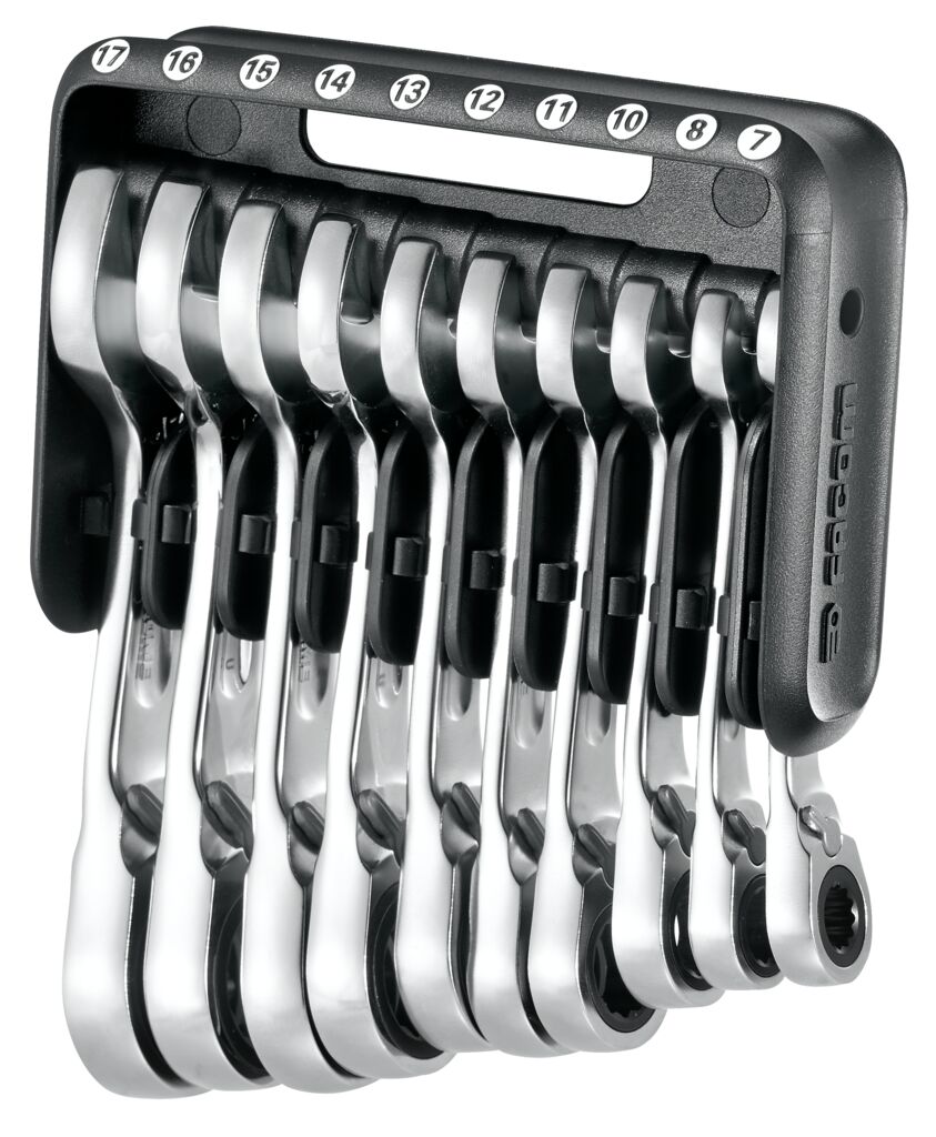 Juego de llaves mixtas cortas con trinquete en soporte