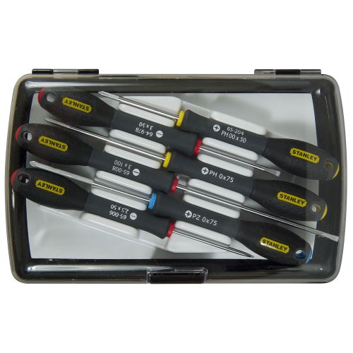 Juego de 6 destornilladores de precisión FATMAX®: 3 x Electricista: 2,5 X 50mm, 3 X 50mm & 3 X 100mm. 2 x Phillips®: PH00 X 50 & PHO X 75. 1 x Pozidriv®:PZ0 X 75.