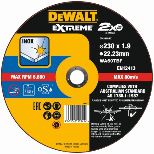 DT43939-QZ - Disco de corte plano EXTREME® Thin Cut para INOX con grano industrial de óxido de aluminio 230 x 1.9 x 22.23mm
