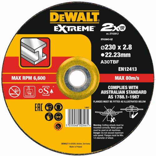 DT43943-QZ - Disco de corte concavo EXTREME® para metal con grano industrial de óxido de alumínio 230 x 2.8 x 22.23mm
