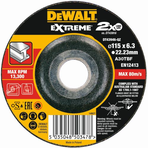 DT43946-QZ - Disco de desbaste concavo EXTREME® para metal con grano industrial de óxido de alumínio 115 x 6.3 x 22.23mm