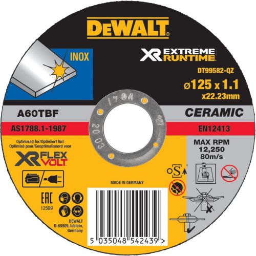 DT99582-QZ - Disco de corte XR EXTREME RUNTIME con grano cerámico para acero Inoxidable  125mm x 1.1 mm - Plano