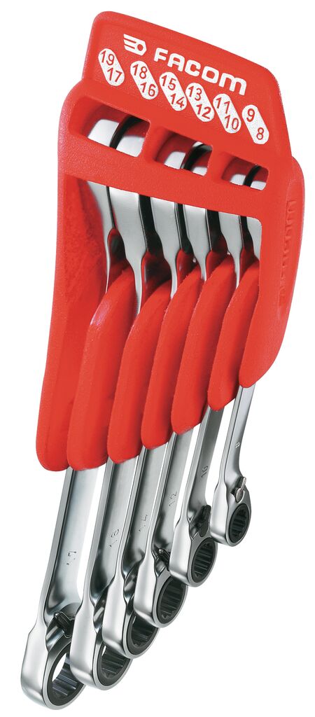 Juego de llaves de estrella con trinquete inclinadas a 15° métricas en soporte