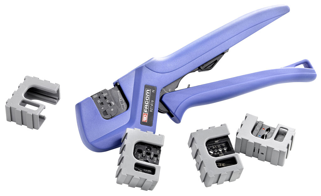 Alicate de engatillar con 4 matrices intercambiables