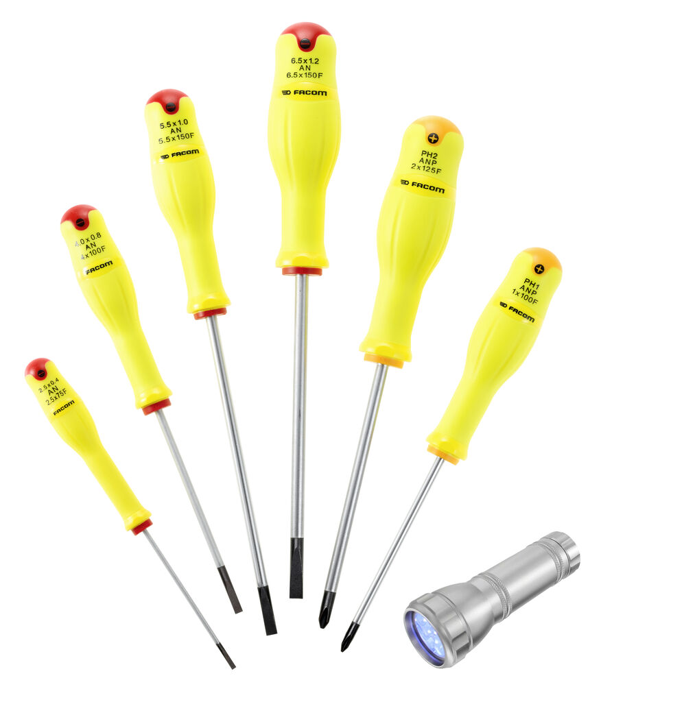 Juego de 6 destornilladores PROTWIST® fluorescente + 1 lámpara UV 12 Leds UV-ANP.J6F