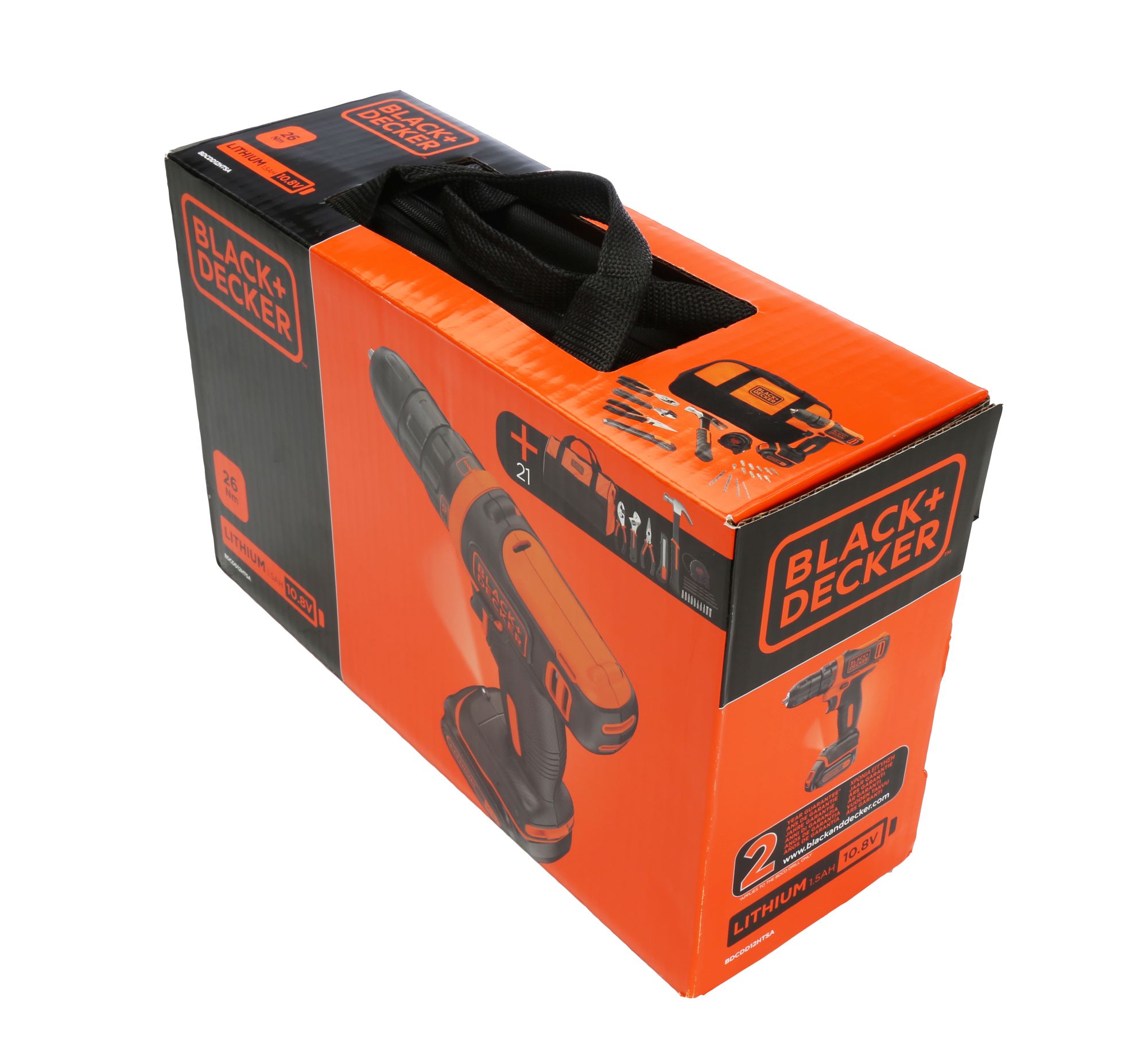 BDCDD12HTSA-QW - Taladro Atornillador 10,8V 26Nm con 1 batería 1.5Ah de Litio, 6 herramientas de mano, 14 accesorios, cargador y bolsa de transporte