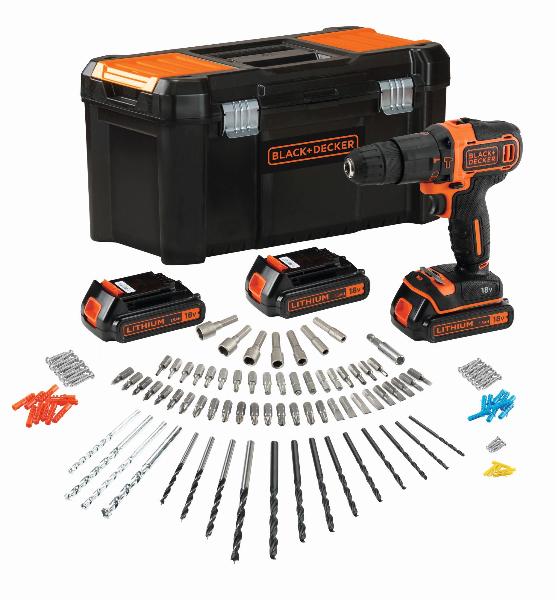 BDCHD181B3A-QW - Taladro percutor 18V 1.5Ah Litio con 3 baterías, cargador rápido, 120 accesorios y caja de herramientas