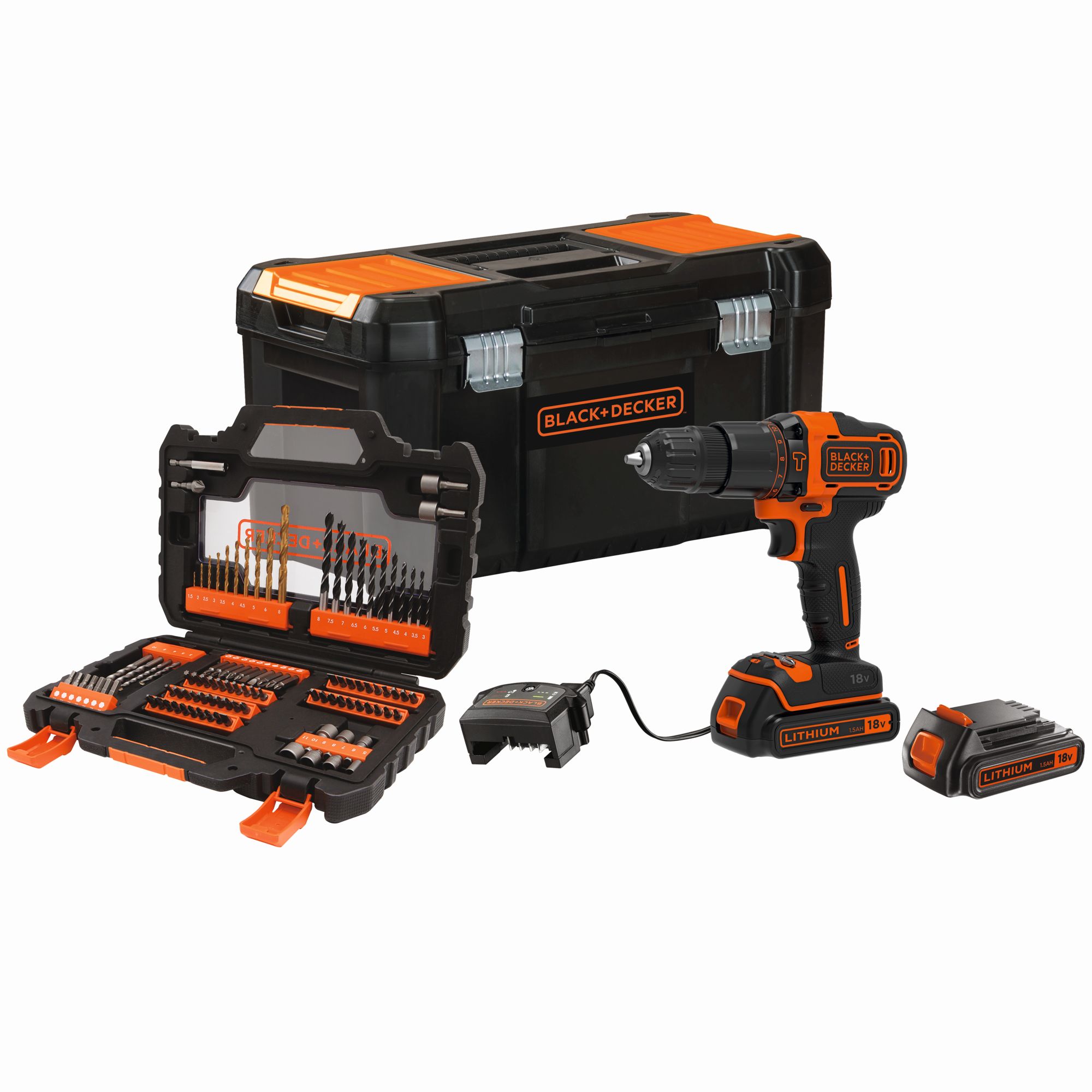 BDCHD18S2KA-QW - Taladro Percutor 18V con 2 baterías 1,5Ah de Litio, set de 104 accesorios, cargador y caja de herramientas 19