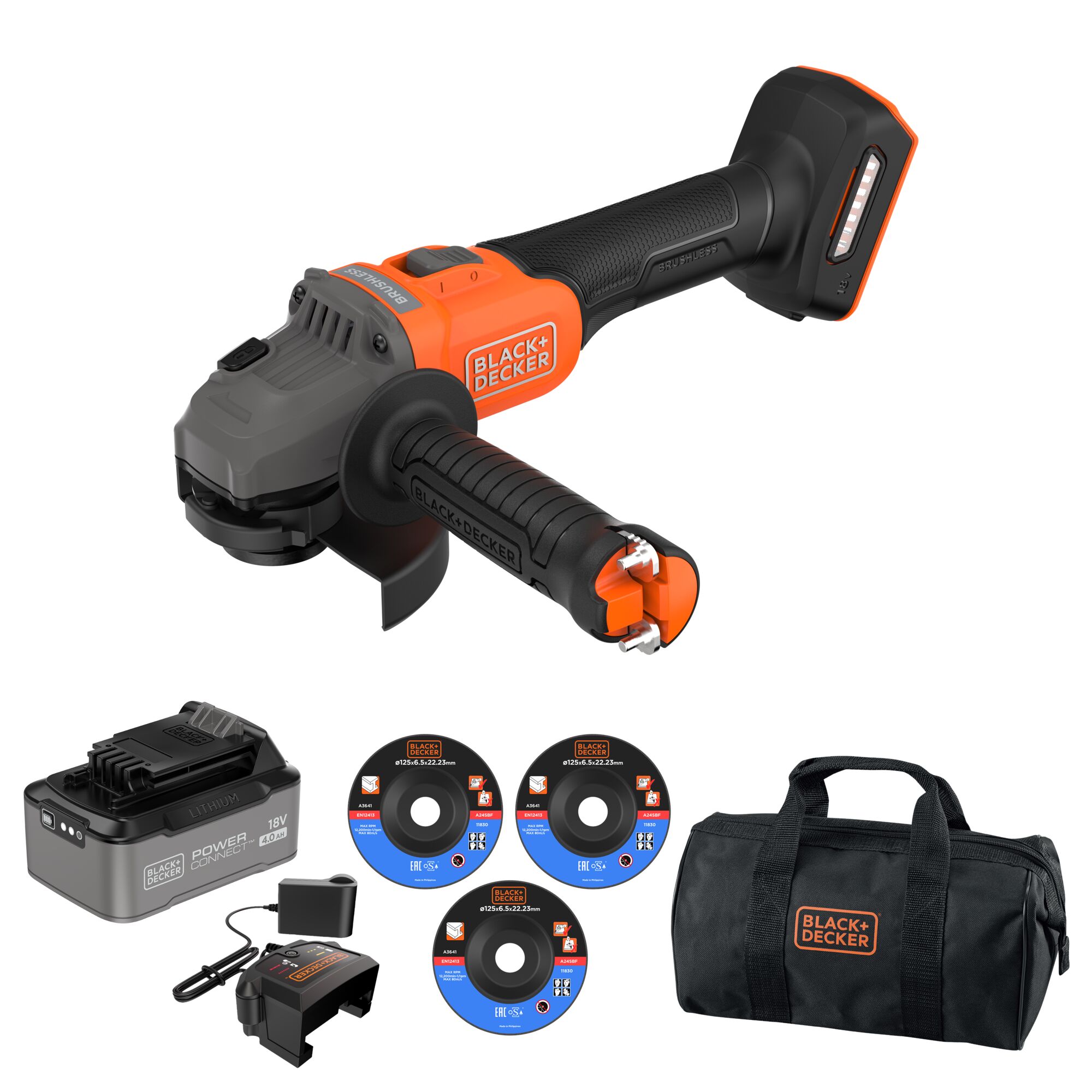BLCG78M1-QW - Mini-Amoladora BRUSHLESS 18V 125mm con 1 batería 4Ah, 3 discos y bolsa de transporte