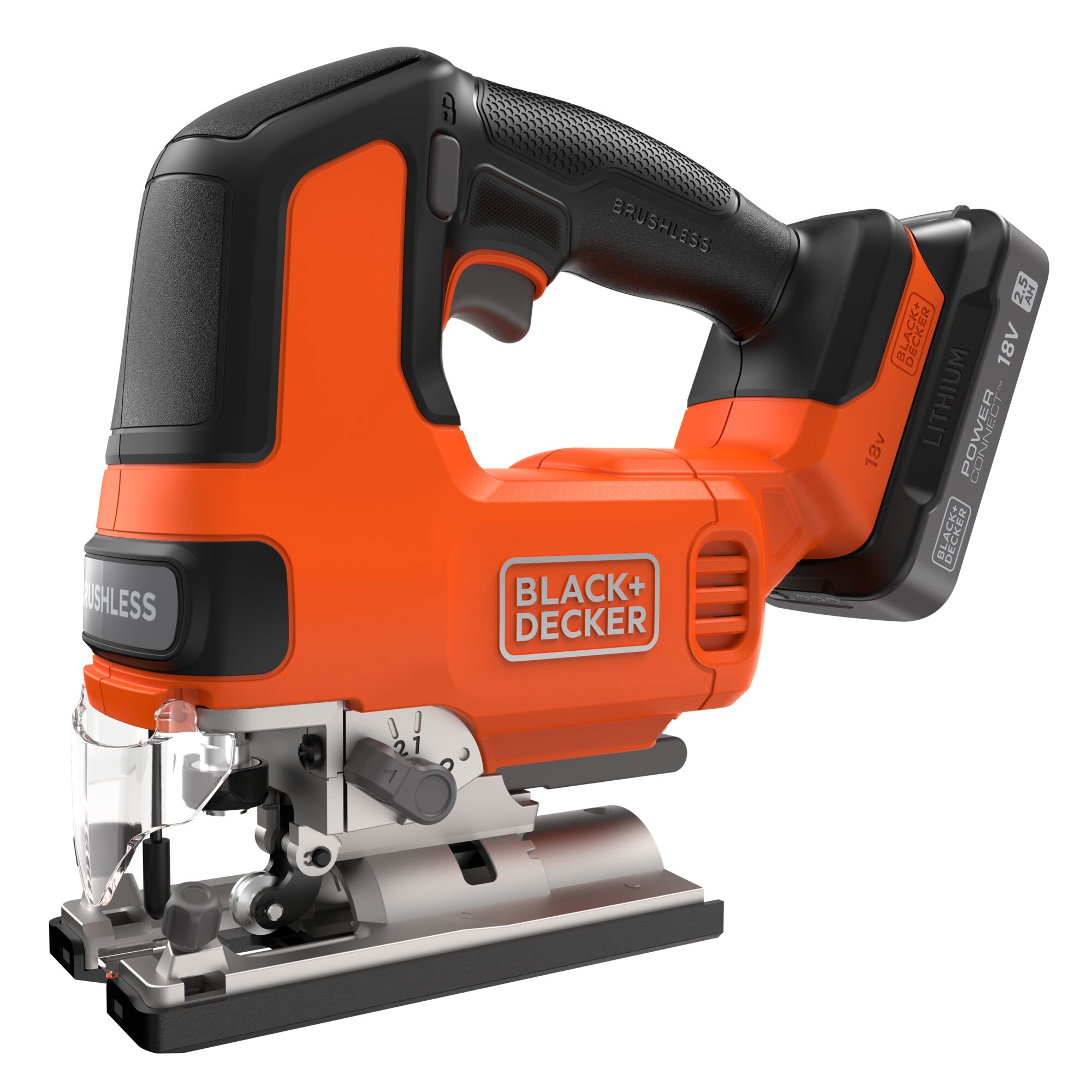 BLCJS78E1-QW - Sierra de calar BRUSHLESS 18V con 1 batería de 2,5Ah con indicador de carga, cargador, guía paralela, conexión para aspirador y 3 hojas