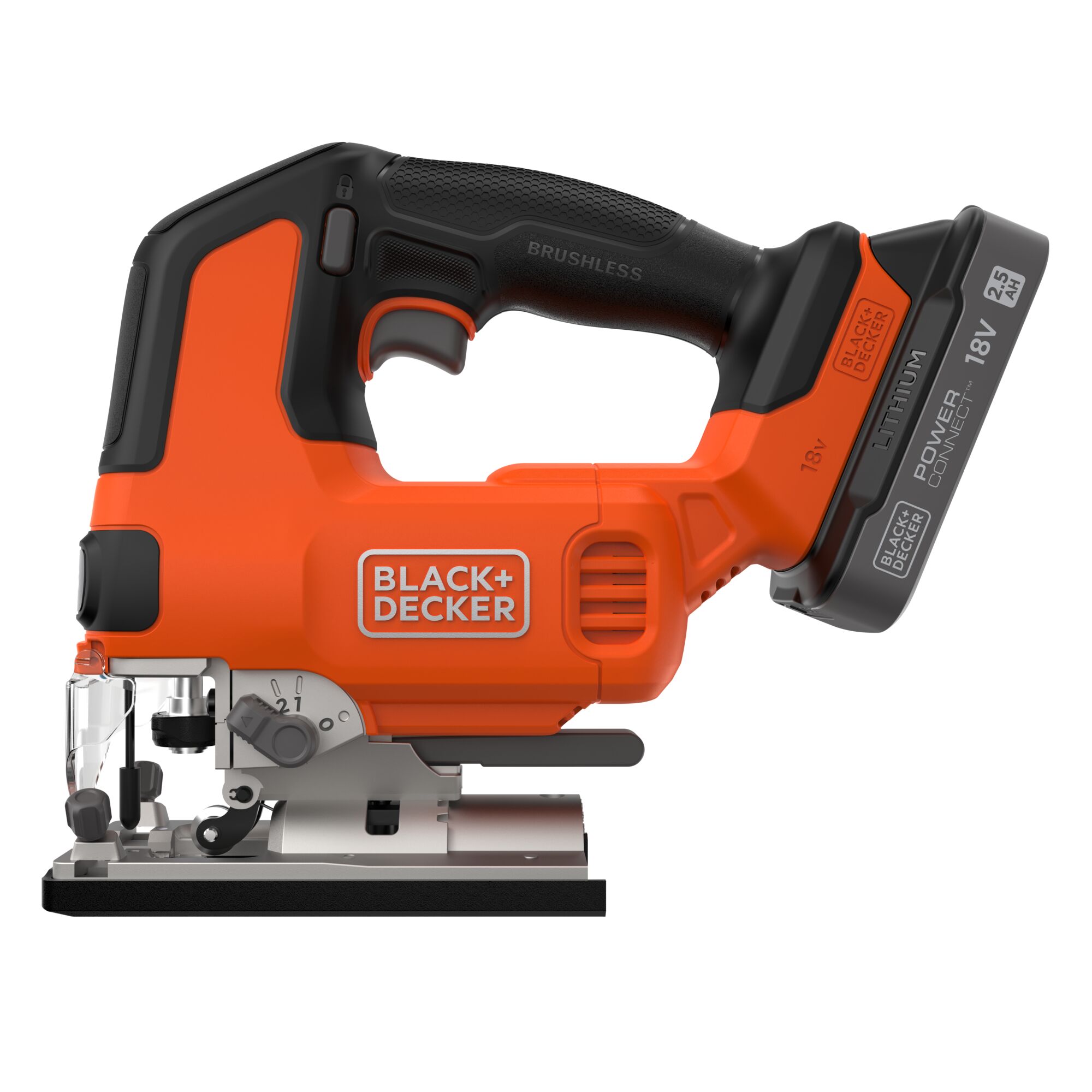 BLCJS78E1-QW - Sierra de calar BRUSHLESS 18V con 1 batería de 2,5Ah con indicador de carga, cargador, guía paralela, conexión para aspirador y 3 hojas